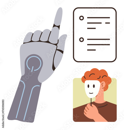 Robotic hand pointing upward, checklist for tasks, and person holding a mask highlight AI, decision-making, and human identity themes. Ideal for ethics, technology, and innovation. Simple flat