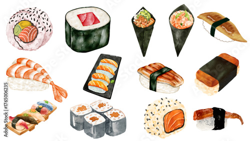 Watercolor Illustration of Assorted Sushi Rolls and Nigiri Featuring Fresh Ingredients and Vibrant Colors