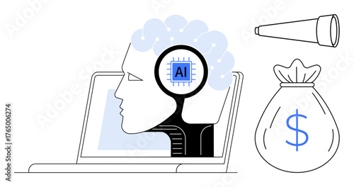Human-thumbs up AI profile within a laptop, telescope symbolizing vision, and money bag suggesting finance. Ideal for technology, innovation, AI, finance, business strategy, future vision digital