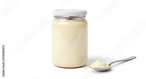 Blank Glass Jar Mockup with Mayonnaise or Creamy Condiment and Spoon