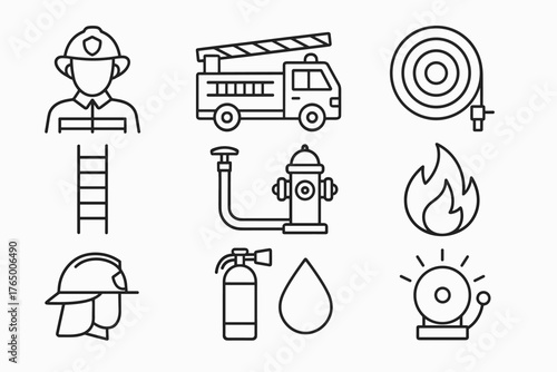 Firefighter and emergency rescue line icons