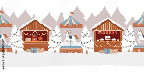 Seamless vector  border. Winter amusement park, Christmas market, winter scene. Christmas market, carousel with horses, market stalls, fair tents, Christmas tree. Hand-drawn flat illustration
