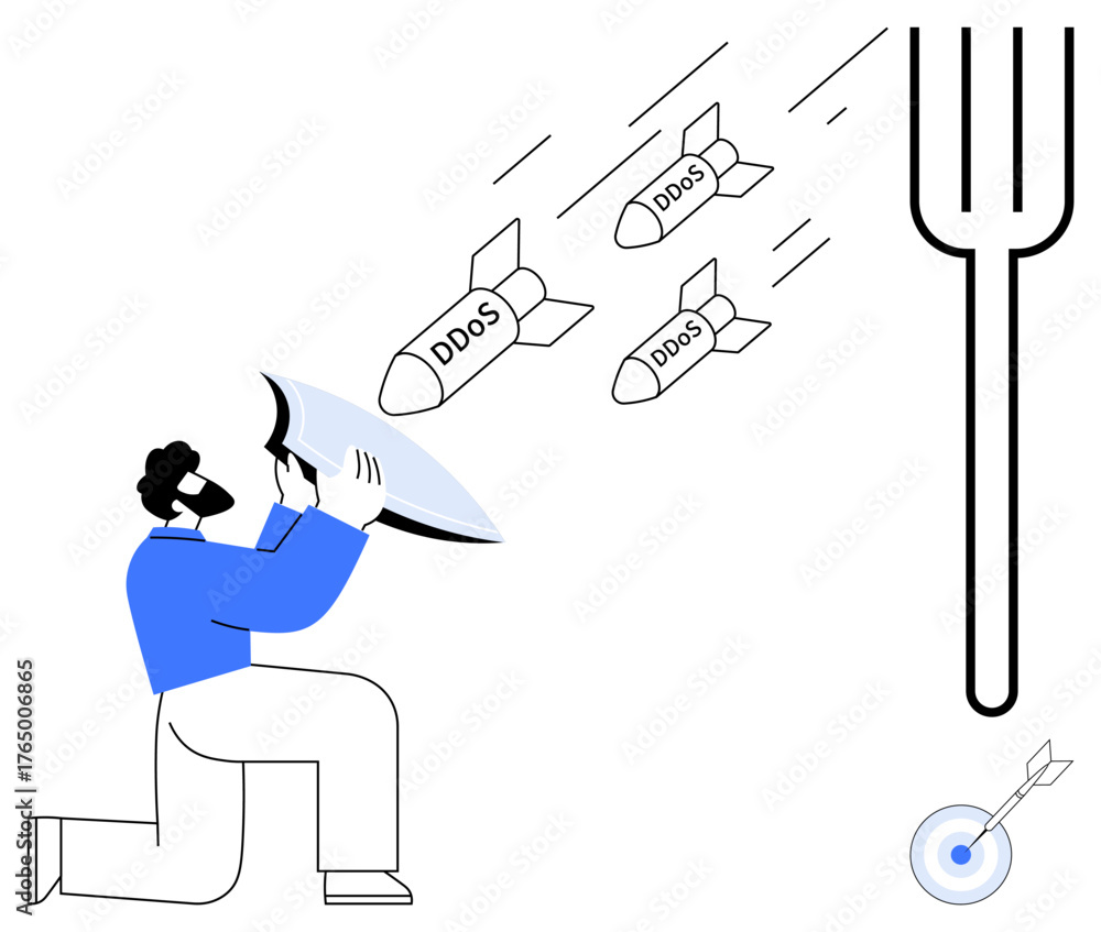 Fototapeta premium Person kneeling with a shield blocks incoming DDOS missiles, large fork icon, and a target on the ground. Ideal for cybersecurity, digital safety, threat protection, resilience, data defense, risk