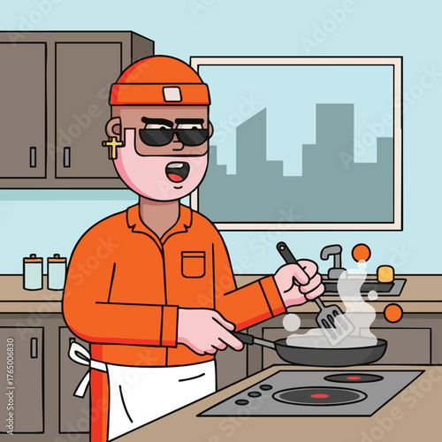 Cartoon illustration of a cook wearing a beanie and sunglasses frying food in a modern kitchen