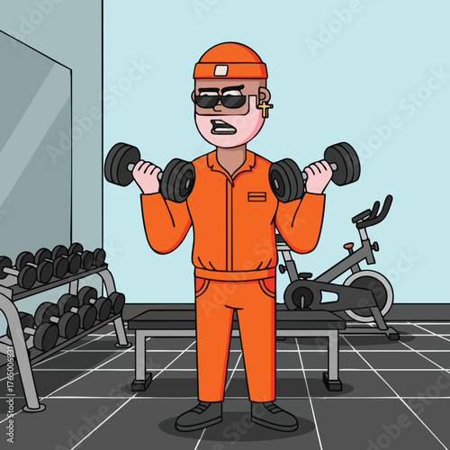 Flat design illustration of a man in an orange tracksuit working out with dumbbells in a modern fitness gym.