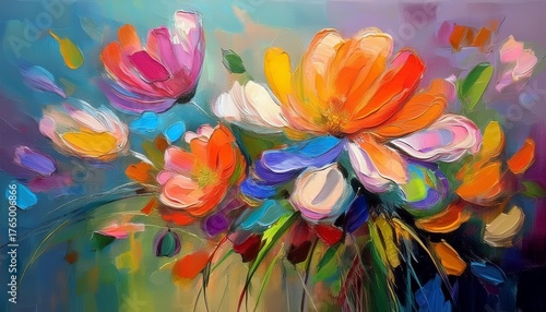 still life painting with abstract colorful flowers modern impressionism style