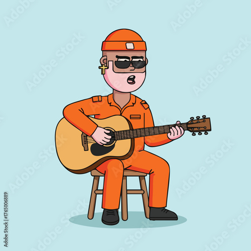 Cartoon illustration of a musician in an orange uniform playing an acoustic guitar while sitting on a stool
