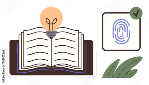 Open book with glowing light bulb hovering above, fingerprint icon, and abstract green leaves. Ideal for education, learning, innovation, creativity, inspiration individuality technology. Simple