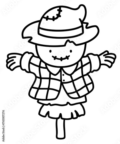 Scarecrow. Autumn Halloween Character with Plaid Shirt, Straw Hat and Patchwork Skirt, Friendly Farm Guardian for Spooky Harvest