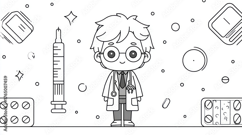 Obraz premium Cartoon doctor with medical supplies illustration for healthcare concepts