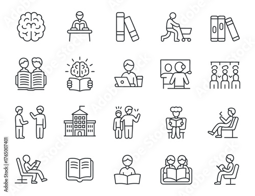 Outline Study Icons Set Education Learning Knowledge Reading Books People Study Togetherness Sharing Brainstorming