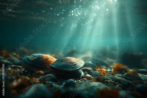 Mussels cling to sunlit underwater rocks, their iridescent shells glistening beneath clear, bubbling water. Captures natural beauty, tranquility, hidden wonders of freshwater ecosystems.