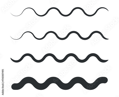 Varied Wave Line Styles for Design: Undulating Curves, Thin to Thick Swirls, Linearity, Vector Illustration for Background
