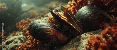 Mussels cling tightly to rocks beneath the ocean surface, surrounded by seaweed. The underwater scene showcases marine life and natural resilience.