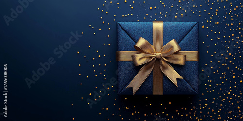 Elegant blue gift box with golden ribbon bow and gold confetti on blue background, top view, copy space. Luxury Background for Greeting Card design for Birthday, Anniversary, Christmas, New Year