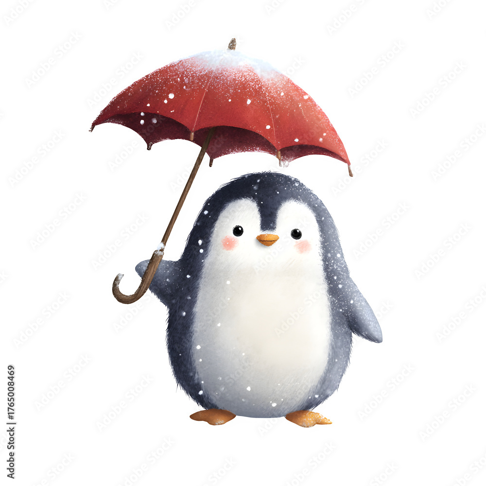 Fototapeta premium Penguin with red umbrella isolated on transparent background