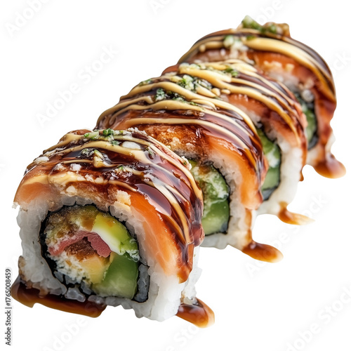 Apanese sushi rolls filled with salmon eel avocado and cucumber on transparent png background. Ai generated
