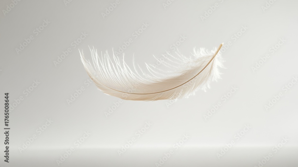 Obraz premium Soft white feather gracefully floating in mid-air against a plain background during bright daylight
