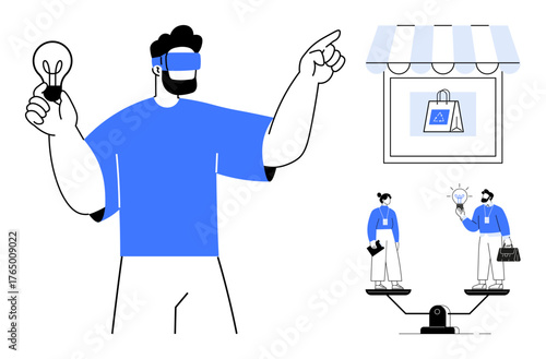Man with VR headset holding lightbulb, retail store graphic, balanced scale with businesspeople. Ideal for virtual reality, technology, retail, innovation, business decision-making, e-commerce