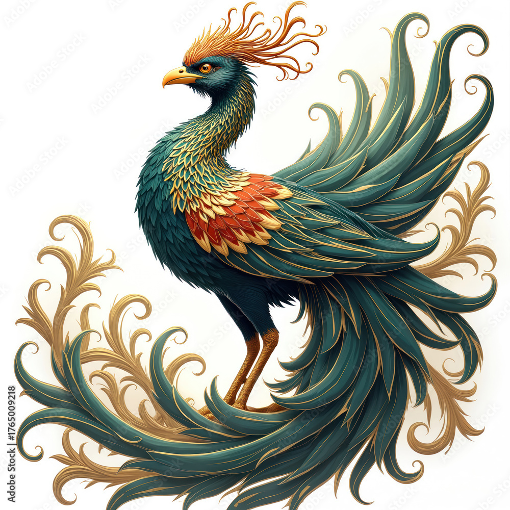 Fototapeta premium Majestic phoenix bird illustration in ornate style. Golden green red plumage shows vibrant mythical creature. Elegant detailed art rebirth, success, ancient Asian culture. Fantastic digital graphic