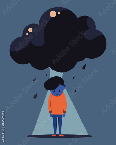 A dark cloud looming over one person representing the weight and suffocating feeling of constant negativity.. Vector illustration