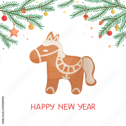 Festive vector banner with gingerbread horse. Happy New Year 2026 card. Vector hand drawn illustration in vintage style.