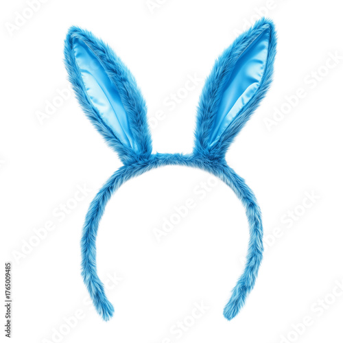 Cute light blue plush bunny ear headband placed on clean white surface on transparent png background. Ai generated