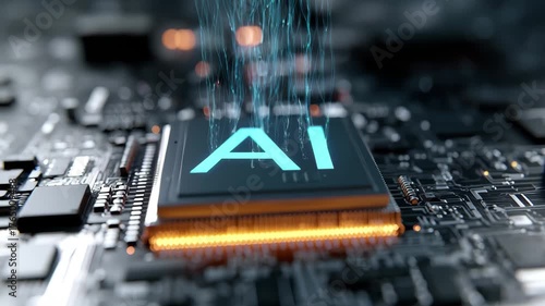 Dynamic AI chip pulses with energy, symbolizing innovation and future technology breakthroughs, 4k high quality