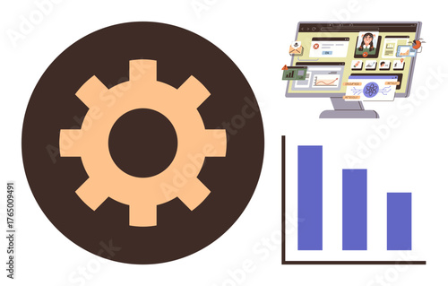 Gear icon, bar chart, and computer monitor displaying tasks and data. Ideal for teamwork, productivity, analytics, management, strategy planning workflow. Simple flat metaphor