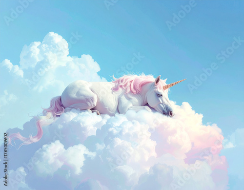 Dreamy unicorn resting on fluffy rainbow clouds in a blue sky