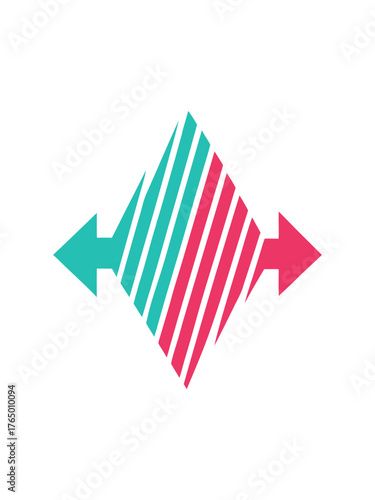 Abstract geometric shape with opposing arrows in teal and pink on a black background