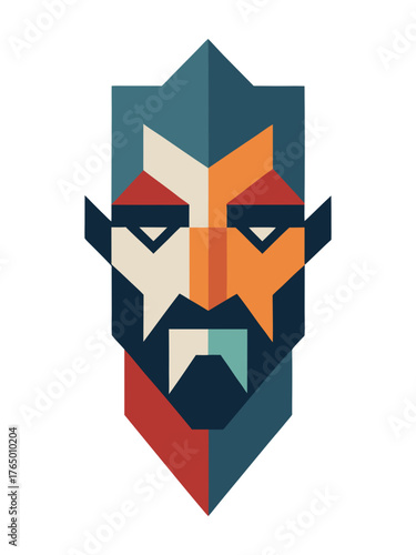Geometric abstract vampire face with sharp features and dark beard on black background