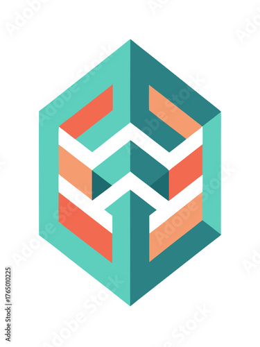 Abstract geometric cube with chevron pattern and upward arrow in teal and coral colors