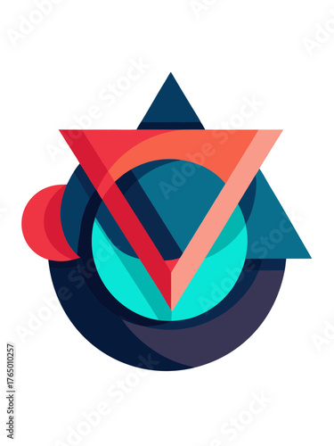 Abstract geometric composition with overlapping triangles circles and semi circles in vibrant colors