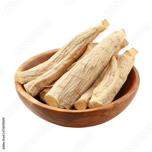 Multiple dried ginseng roots Panax ginseng stacked together on transparent png background. Ai generated