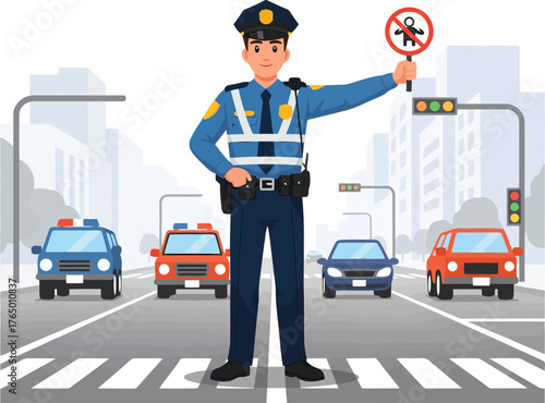 Traffic Policeman Directing Cars in the City