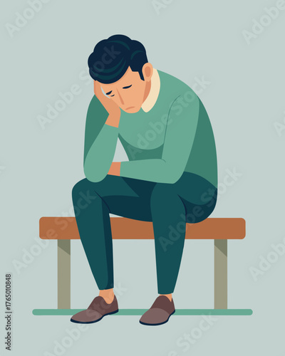 A man sits on a bench his hands gripping his knees as he stares intently at the ground weighed down by the burden of stress.. Vector illustration