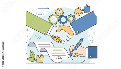 Business partnership concept illustration with handshake, signing contract, gears, and puzzle pieces symbolizing collaboration, agreement, teamwork, and successful deal-making in a modern flat design