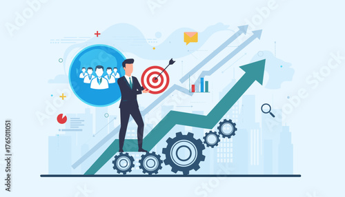 Business achievement objective target concept strategy, businessman holding dartboard with arrow, standing on gears, team icon, growth arrows, bar chart, email, magnifying glass, cityscape