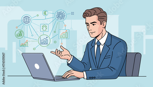 Professional businessman in a suit analyzing financial charts and global economic data on his laptop, symbolizing investment strategy, business planning, and technological innovation in a modern
