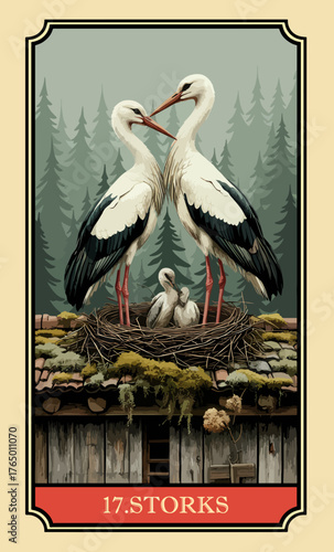 The storks. A comic-style fantasy card from the Lenormand Oracle deck. The classic 5:3 ratio for divination cards.