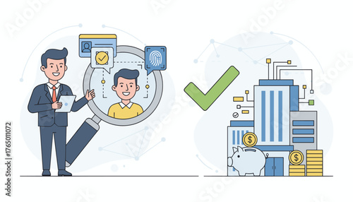 Business concept of verifying client identity for KYC (Know Your Customer) compliance, with a magnifying glass examining a person's profile and fingerprint, and a piggy bank and coins next to a