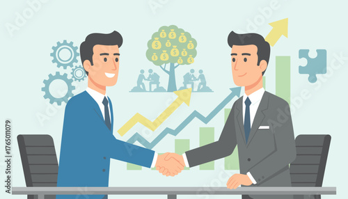 Two smiling businessmen in suits shaking hands in agreement, symbolizing a successful business deal, partnership, and financial growth, with gears, charts, and a money tree in the background.