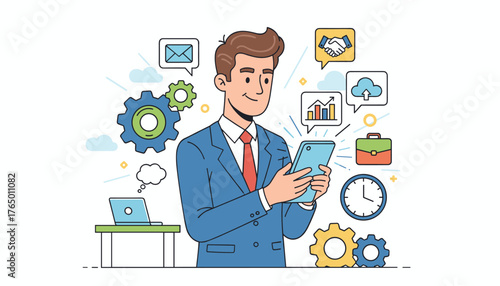 Modern businessman in a suit checking his mobile smartphone for work, surrounded by business icons like gears, charts, briefcase, clock, email, cloud, and handshake, representing digital