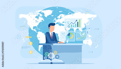 Businessman analyzing financial investment strategies on a global scale, with charts, graphs, and currency symbols displayed against a world map background, representing international business and