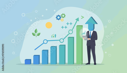 Abstract illustration of a businessman analyzing financial data graph with rising bars, upward arrow, gears, and coin, symbolizing business growth, investment, and economic progress in a modern