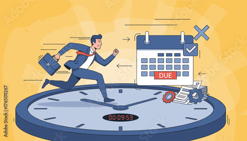 Businessman running on a giant clock face towards a calendar with a "DUE" label and a checkmark, symbolizing deadline pressure, time management, and urgent project completion, with gears and papers