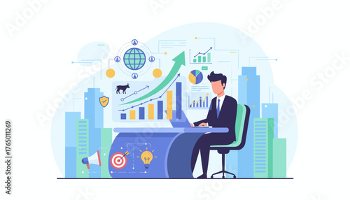 Modern digital marketing business finance and investment concept with a businessman working on a laptop surrounded by growth charts, global network, bull market symbol, target, and lightbulb idea