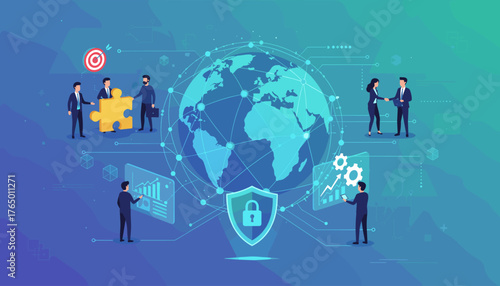 Global digital technology business and economic growth concept, with diverse professionals collaborating on strategy, data analysis, and secure transactions, symbolizing international cooperation and