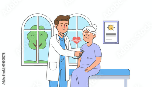 A friendly male doctor in a white coat uses a stethoscope to check the heart rate of an elderly woman sitting on an examination table, symbolizing healthcare and medical check-ups, with a window